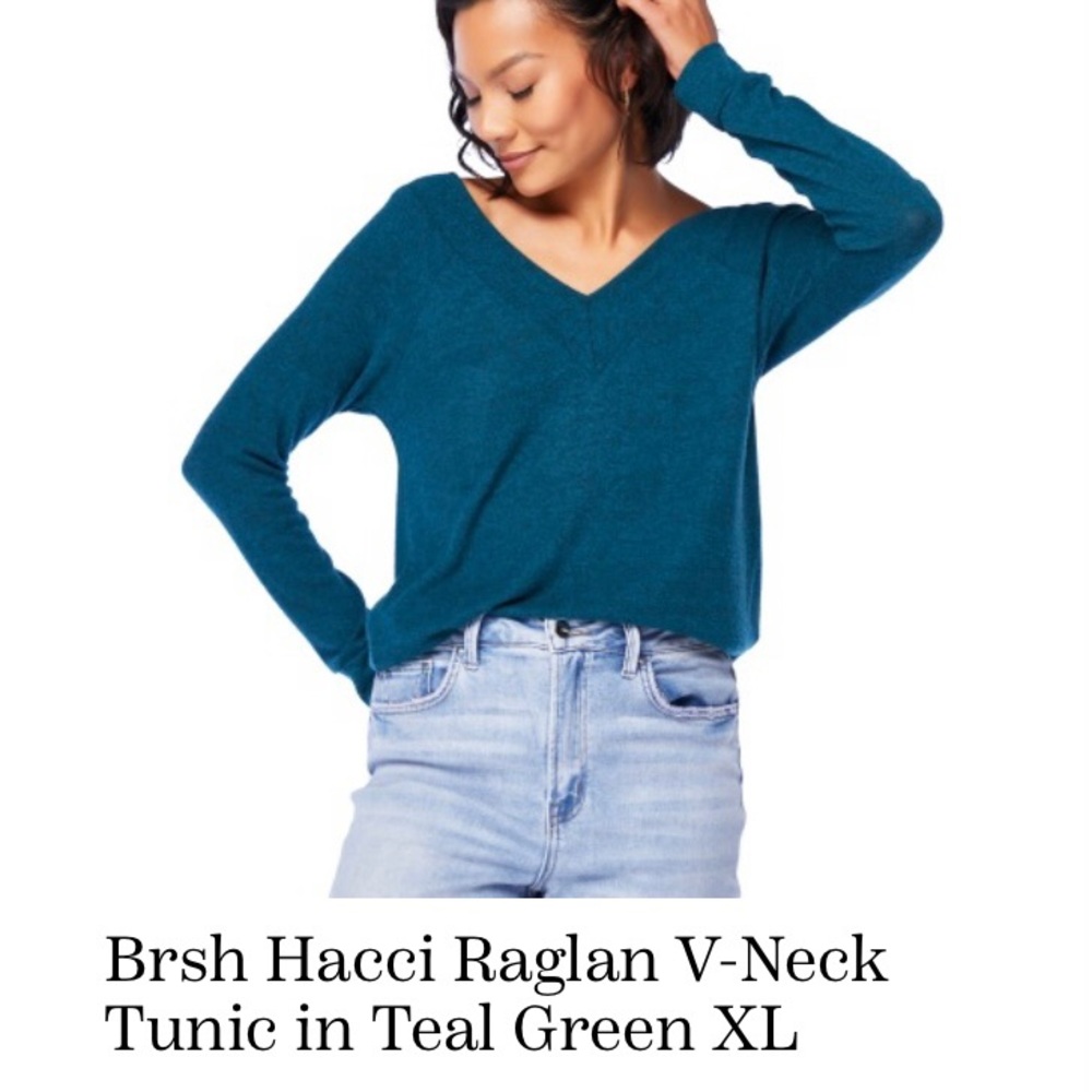 Brsh Hacci Raglan V-Neck Tunic in Teal Green XL